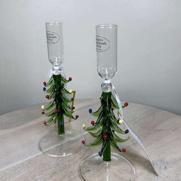 Cupcakes and Cashmere Set of 2 Christmas Tree Glass Candlestick Holders NEW - Picture 4 of 10